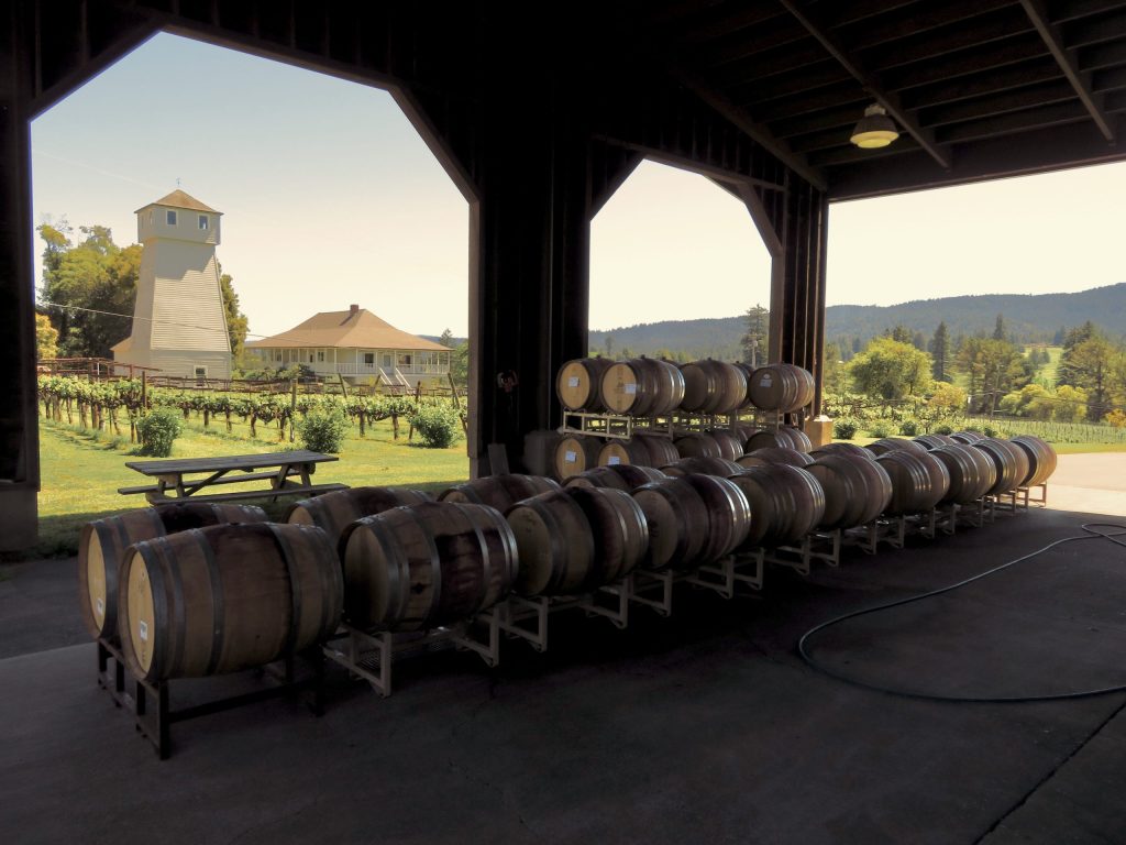 barrels in the shade at Handley Cellars